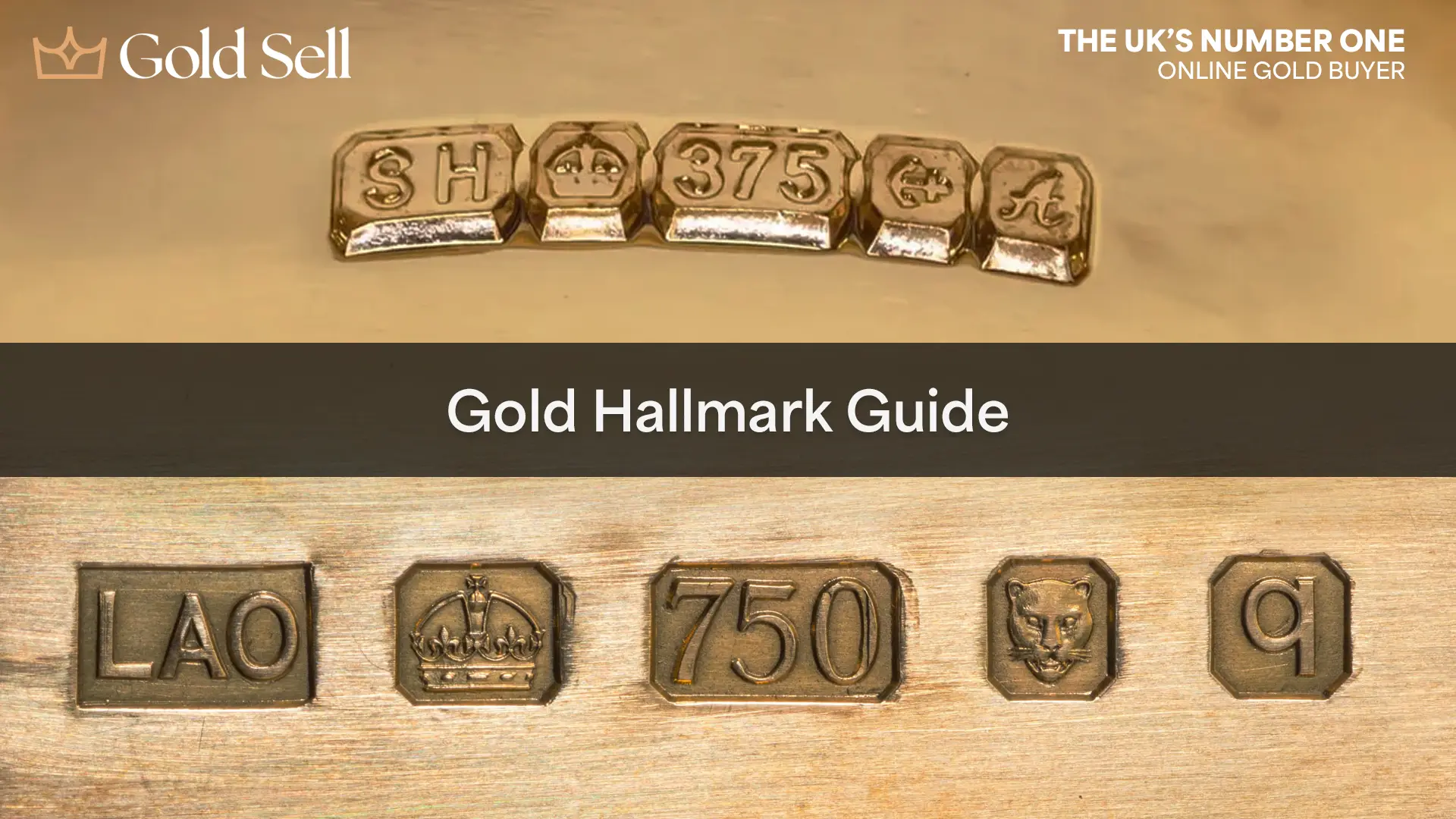 Gold hallmarks image showing hallmark identification and UK assay marks for gold including 750 fineness and leopard’s head symbol on a wooden background.