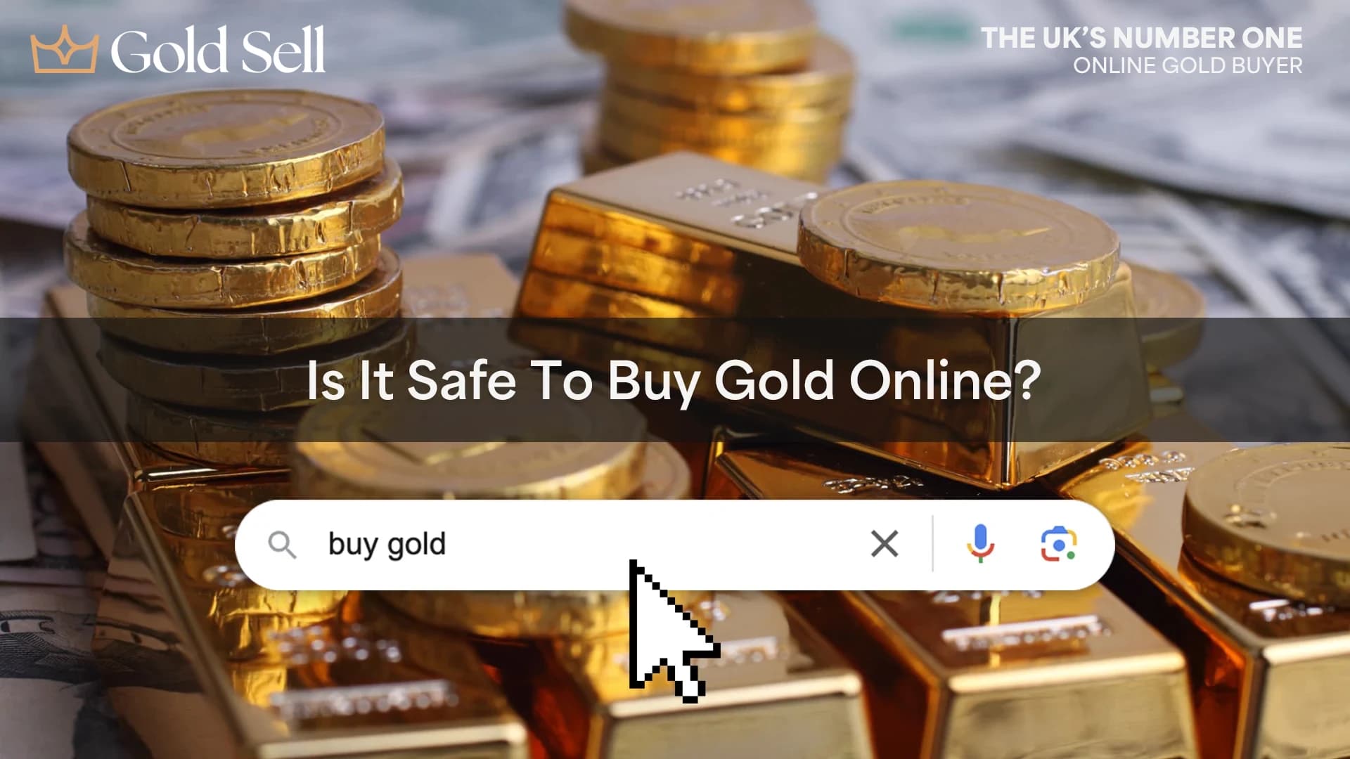 Is it safe to buy gold online? – search query over stacked gold bars and coins.