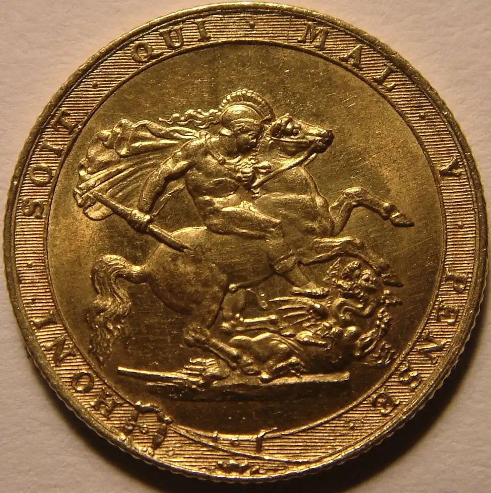 Pictured: A Gold Sovereign coin featuring St. George slaying the dragon.