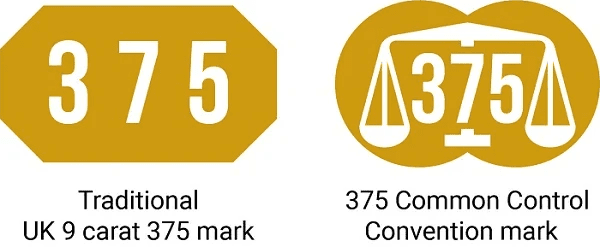 Examples of 9ct gold hallmarks.