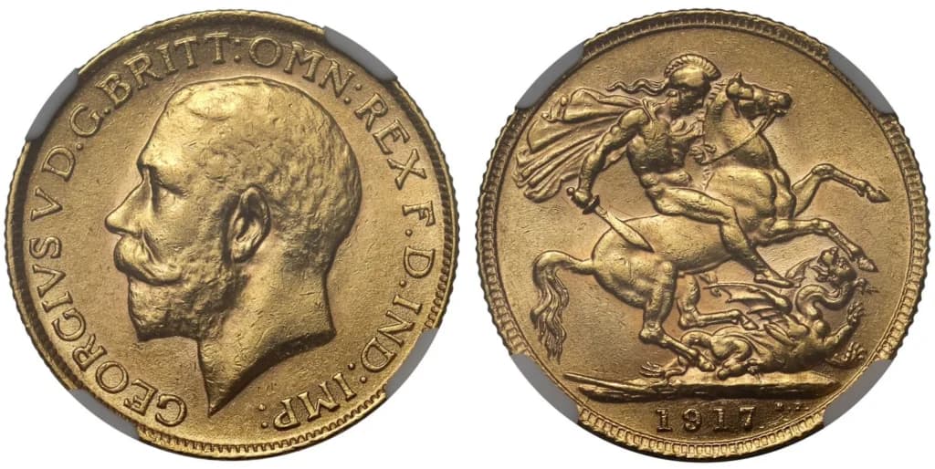 Rare 1917 George V full gold sovereign coin from London Mint – highly sought after by collectors and investors.