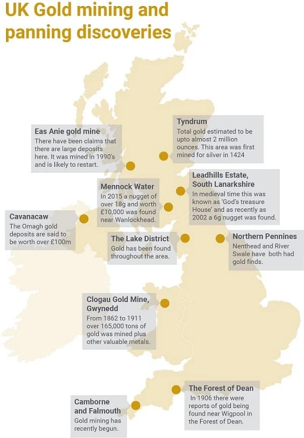 UK gold deposits map highlighting historical and recent discoveries of panning and gold mining the UK.