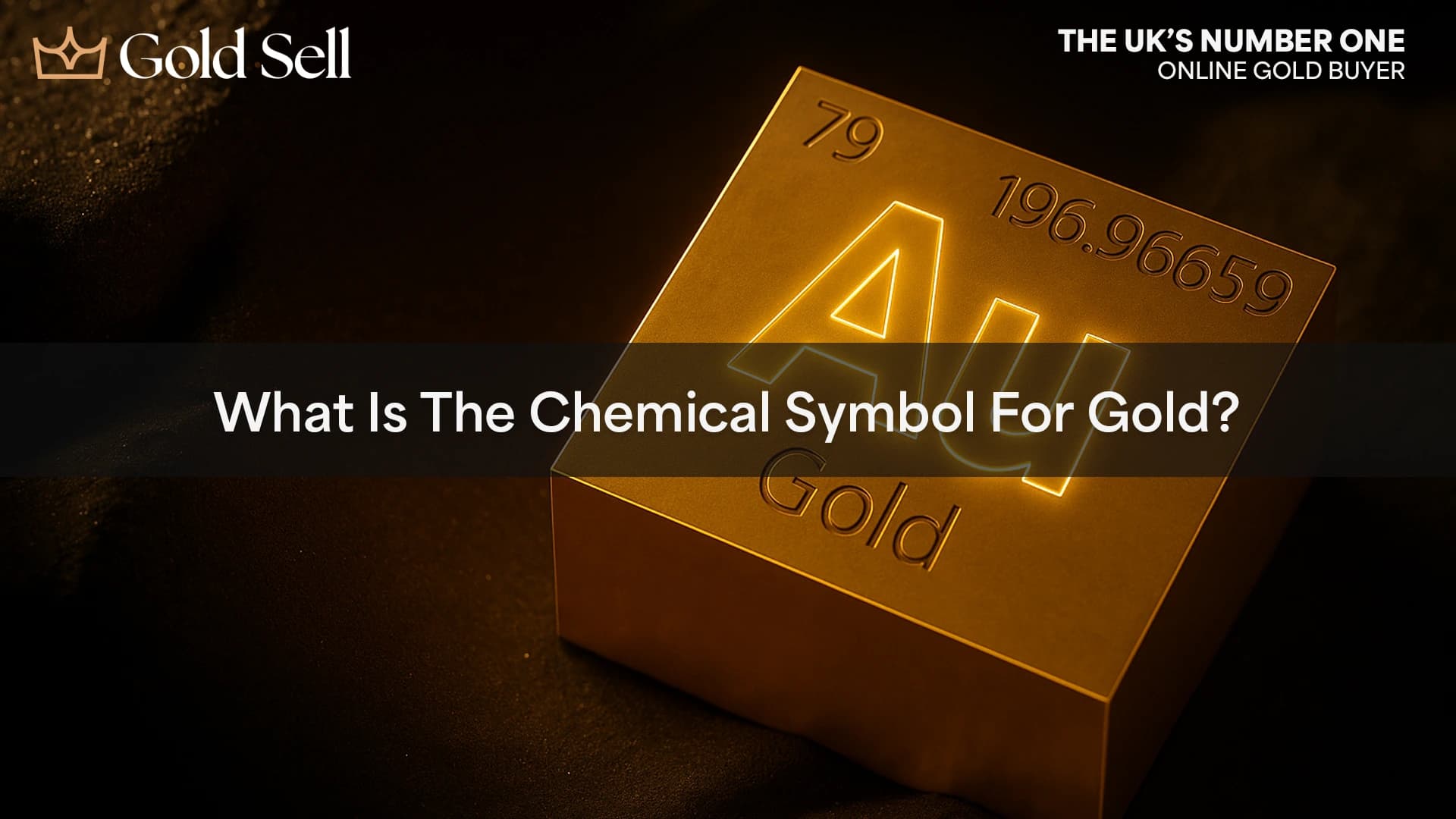 3D gold cube displaying the chemical symbol for gold (Au), atomic number 79, and atomic mass 196.966569.