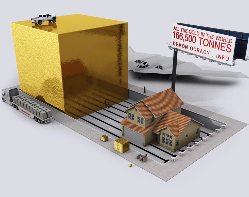 Visual representation of how much gold has been mined globally, shown as a single large cube compared to common objects.