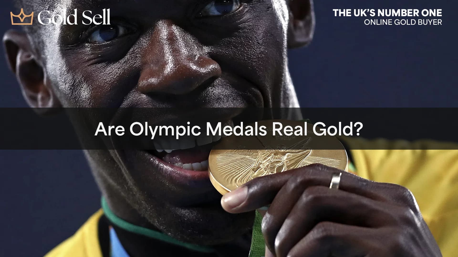 Athlete biting a gold medal with text overlay asking, "Are Olympic medals real gold?" – highlighting the topic of Olympic medal composition.