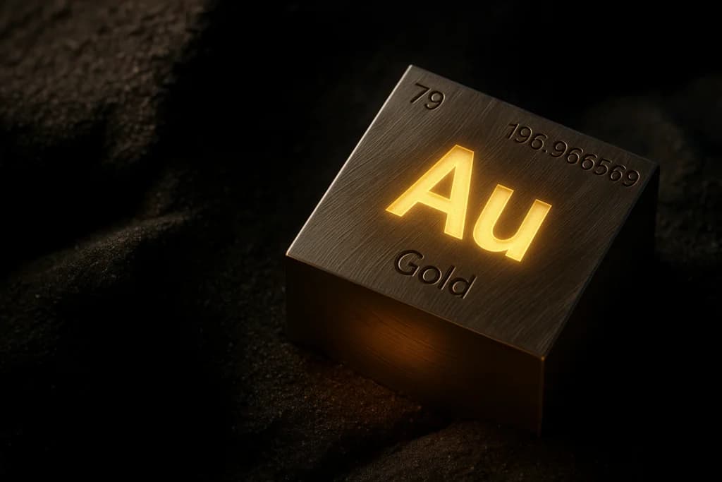 A glowing metallic cube displays the chemical symbol for gold (Au) with its atomic number 79 and atomic mass 196.966569.