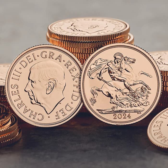 Stack of 2024 full sovereign coins featuring King Charles III – popular choice for collectors and those investing in full sovereign coins.