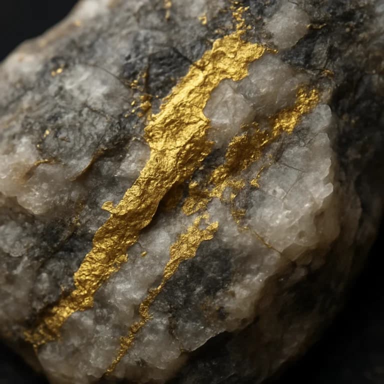 Close-up of a gold lode deposit running through quartz rock, showing naturally occurring gold embedded in its host mineral.