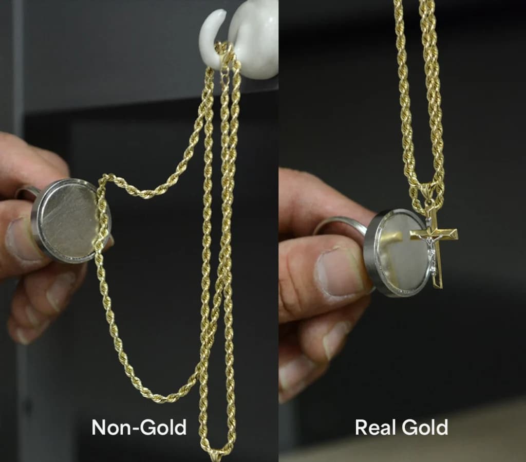 Side-by-side image showing the gold magnet test: a non-gold chain attracted to a magnet on the left, and real gold jewellery unaffected on the right—demonstrating a method for testing gold at home.