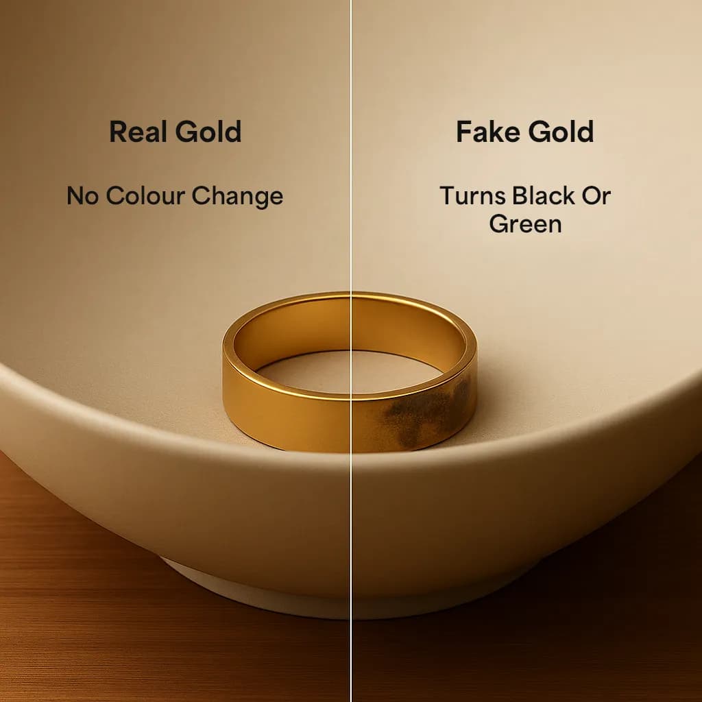 Side-by-side image of a gold ring showing the results of the gold vinegar test before and after—real gold remains unchanged, while fake gold turns black or green.