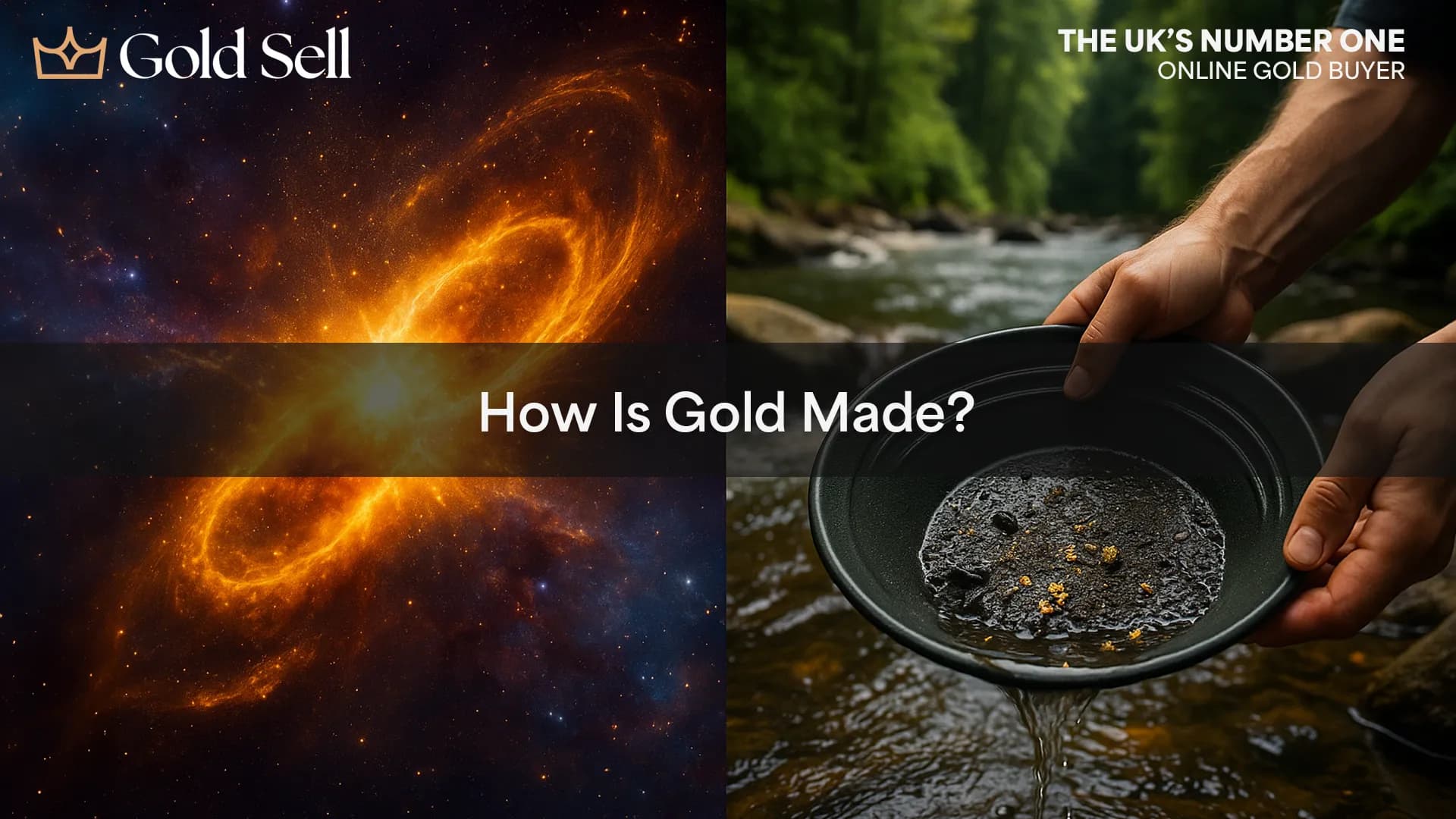 Split-screen image showing a cosmic explosion on the left and a person gold panning in a river on the right, with the text “How Is Gold Made?”—illustrating where gold comes from in space and its discovery on Earth.