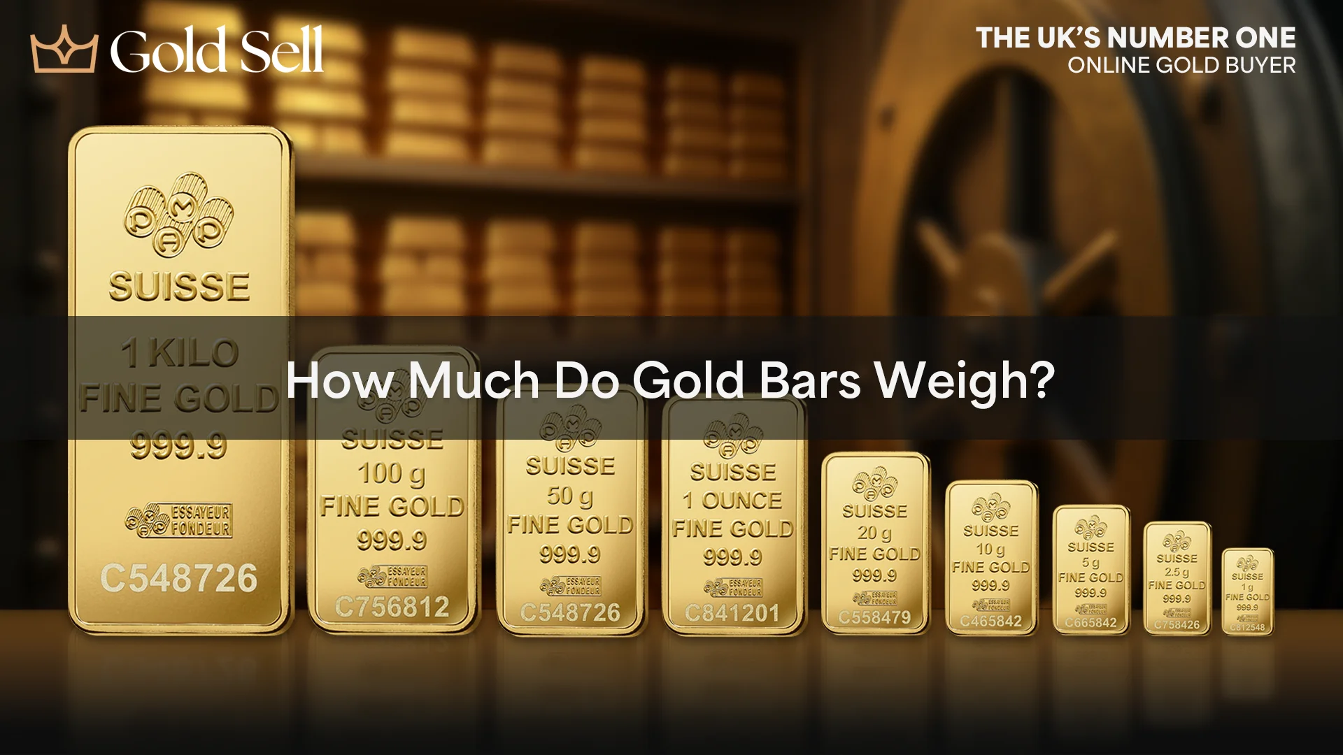 Visual comparison of gold bar sizes from 1g to 1kg illustrating how much gold bars weigh, their sizes, and typical gold bar prices.