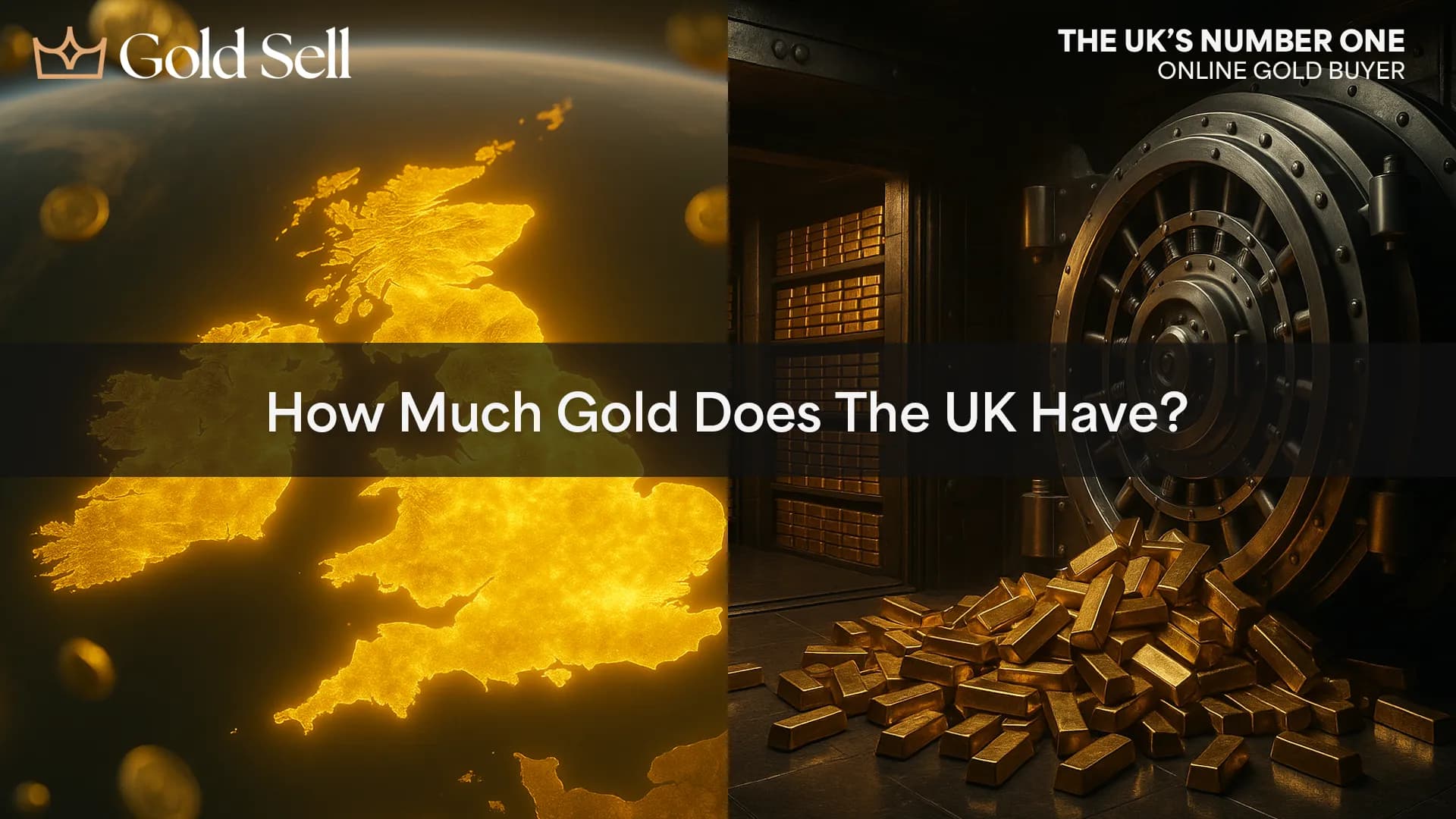 Featured image showing a glowing UK map and gold vault scene, representing UK gold reserves and visually asking how much gold does the UK have.
