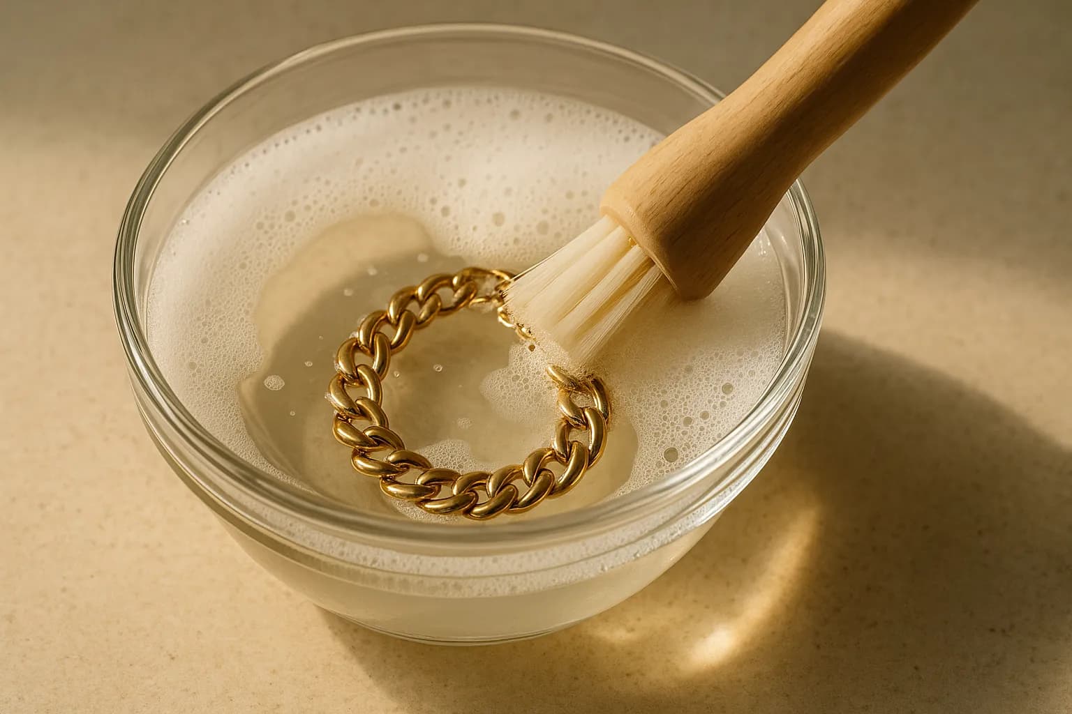 Gold filled chain being gently cleaned in a bowl of soapy water with a soft brush demonstrating how to clean gold filled jewellery safely at home.