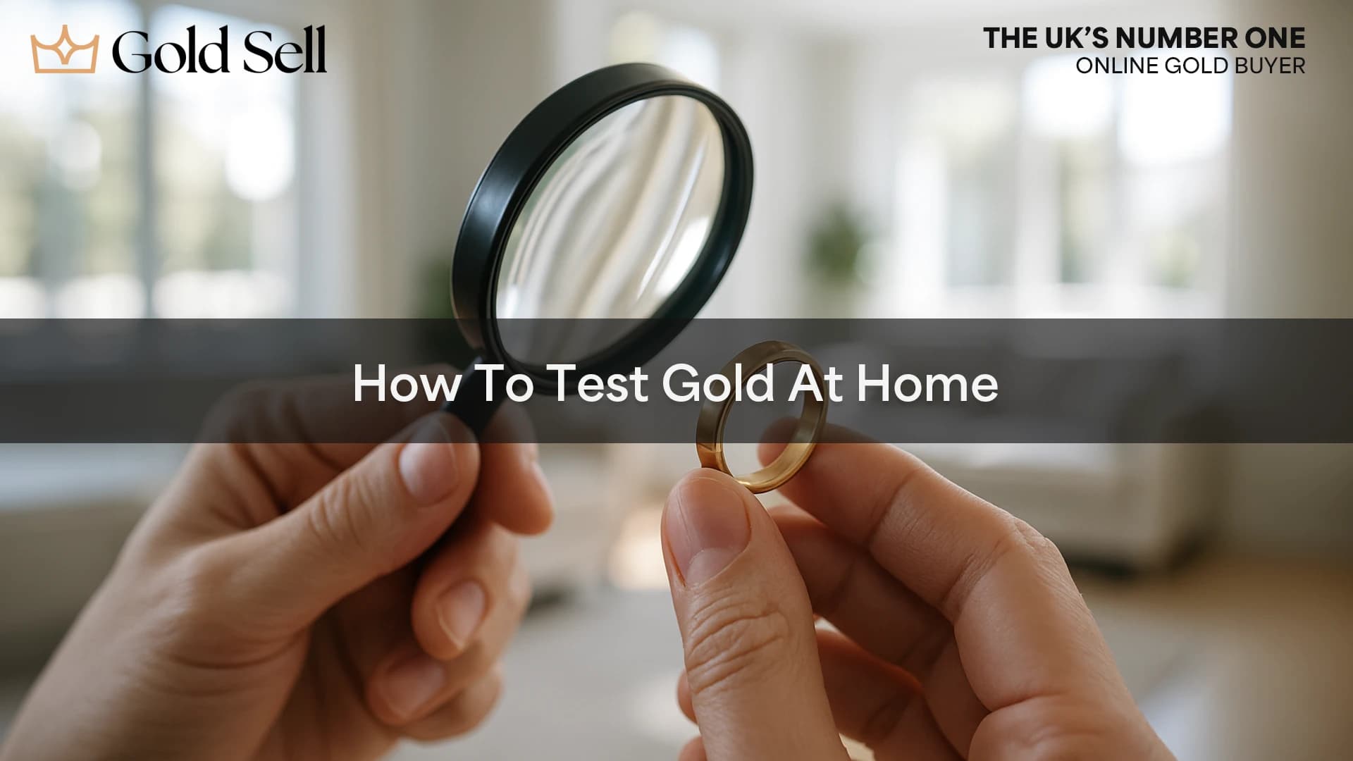 Person using a magnifying glass to test gold at home to identify gold hallmarks on a ring.