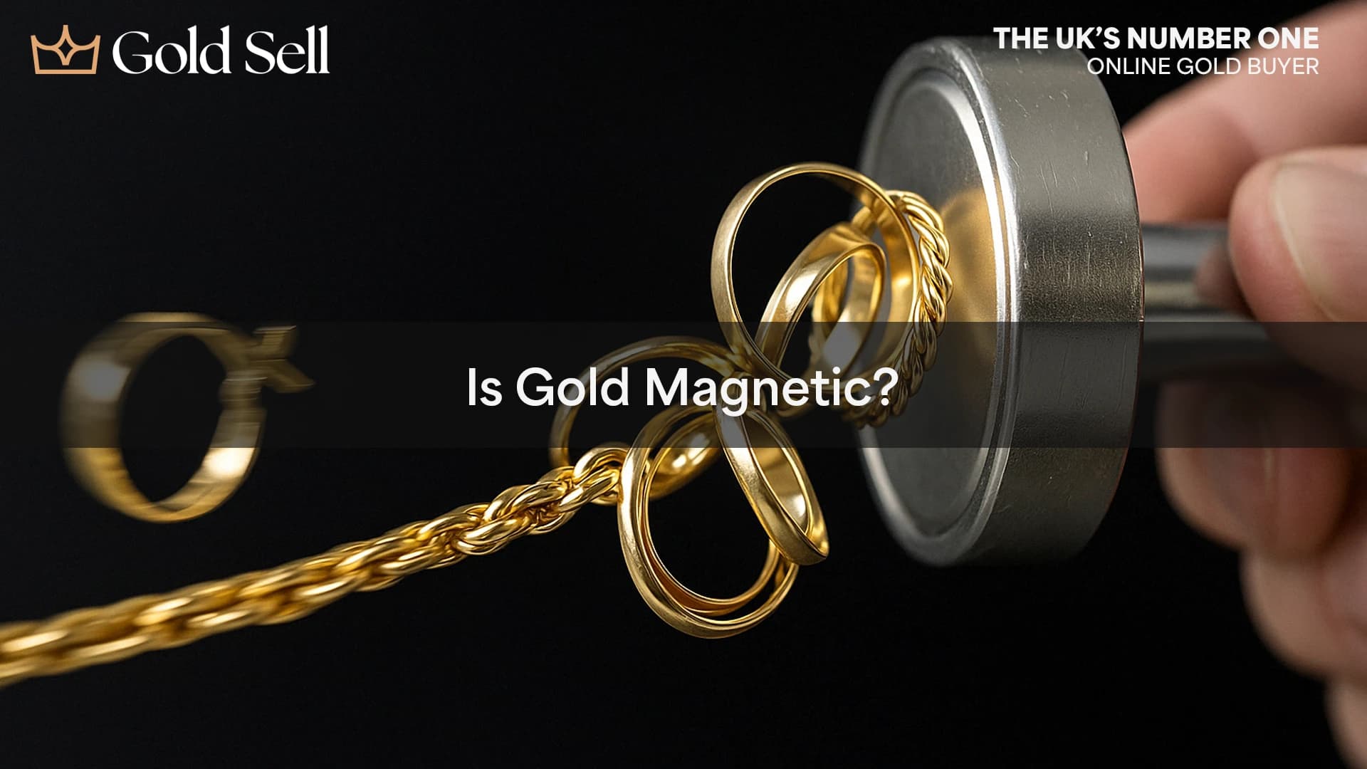 A person holding a magnet attracting gold-coloured jewellery, with the text “Is Gold Magnetic?”—used to question and illustrate if real gold is magnetic.