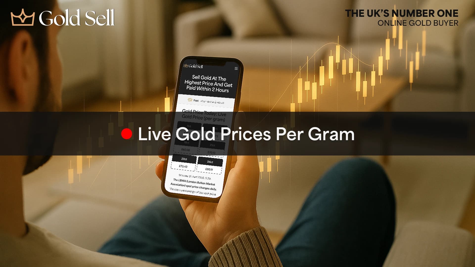 Person checking live gold price as of today on a smartphone, displaying the latest gold price per gram at home.