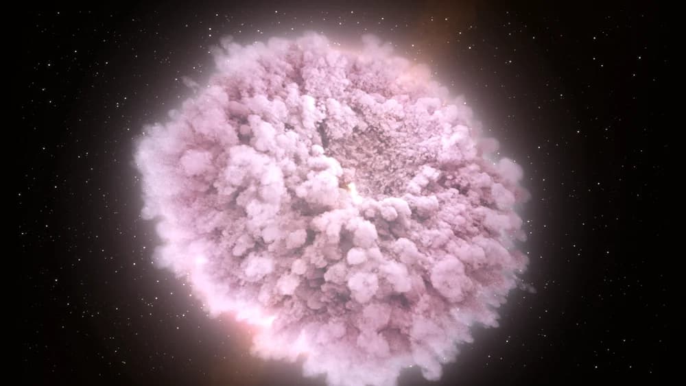 Illustration of a neutron star collision explosion producing heavy elements like gold.