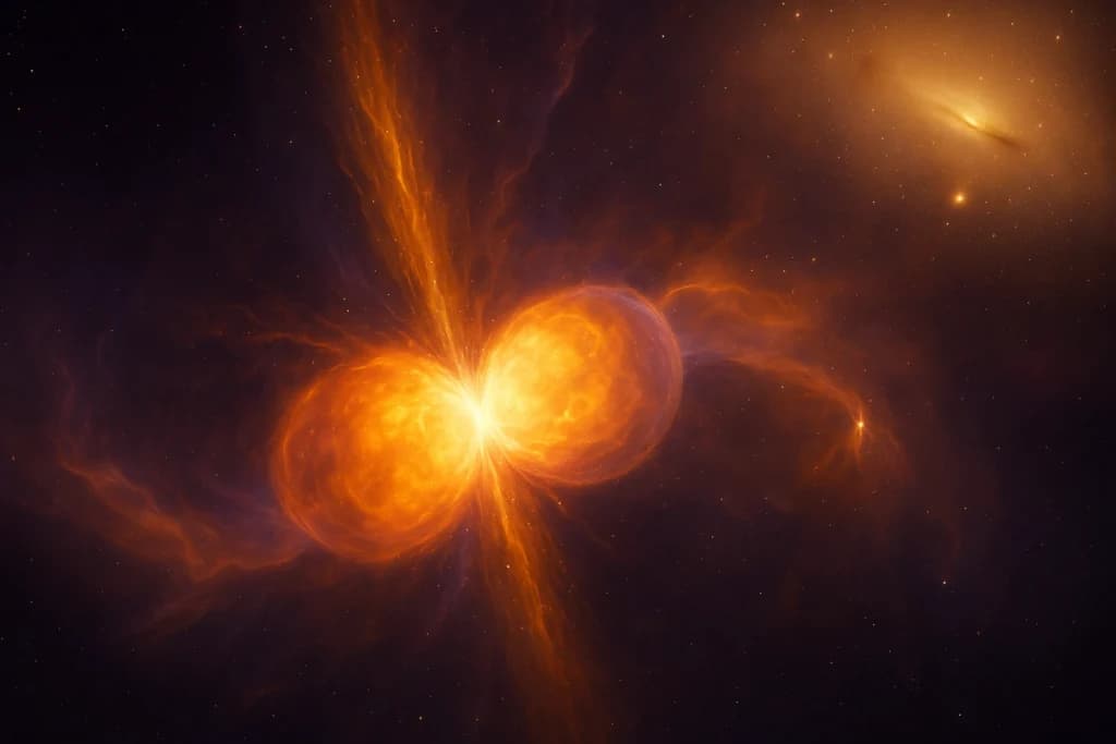 Artistic depiction of a neutron star collision in deep space, releasing immense energy—illustrating how gold is formed in the universe through such cataclysmic events.