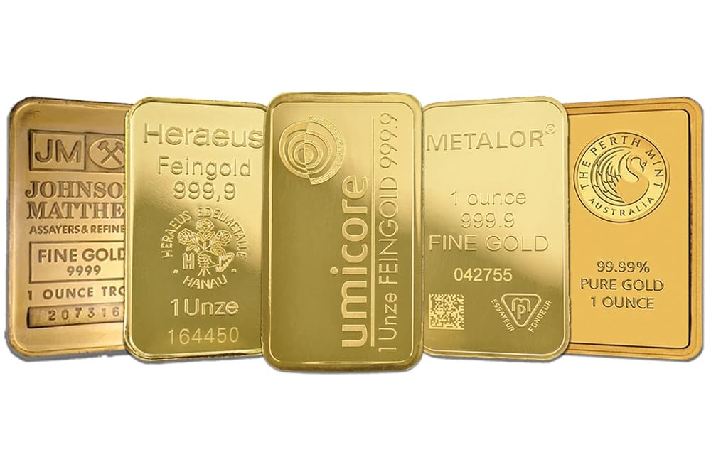 One-troy-ounce gold bars from various refiners (Johnson Matthey, Heraeus, Umicore, Metalor, Perth Mint).