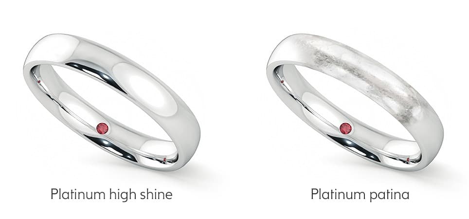 Side-by-side comparison of platinum rings showing platinum patina and polished platinum colour with high shine finish.