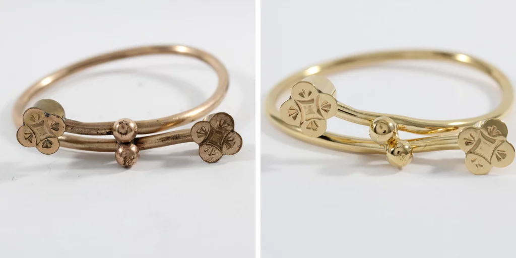 Gold bracelet showing before and after results when you replate gold jewellery professionally, restoring shine and removing tarnish.