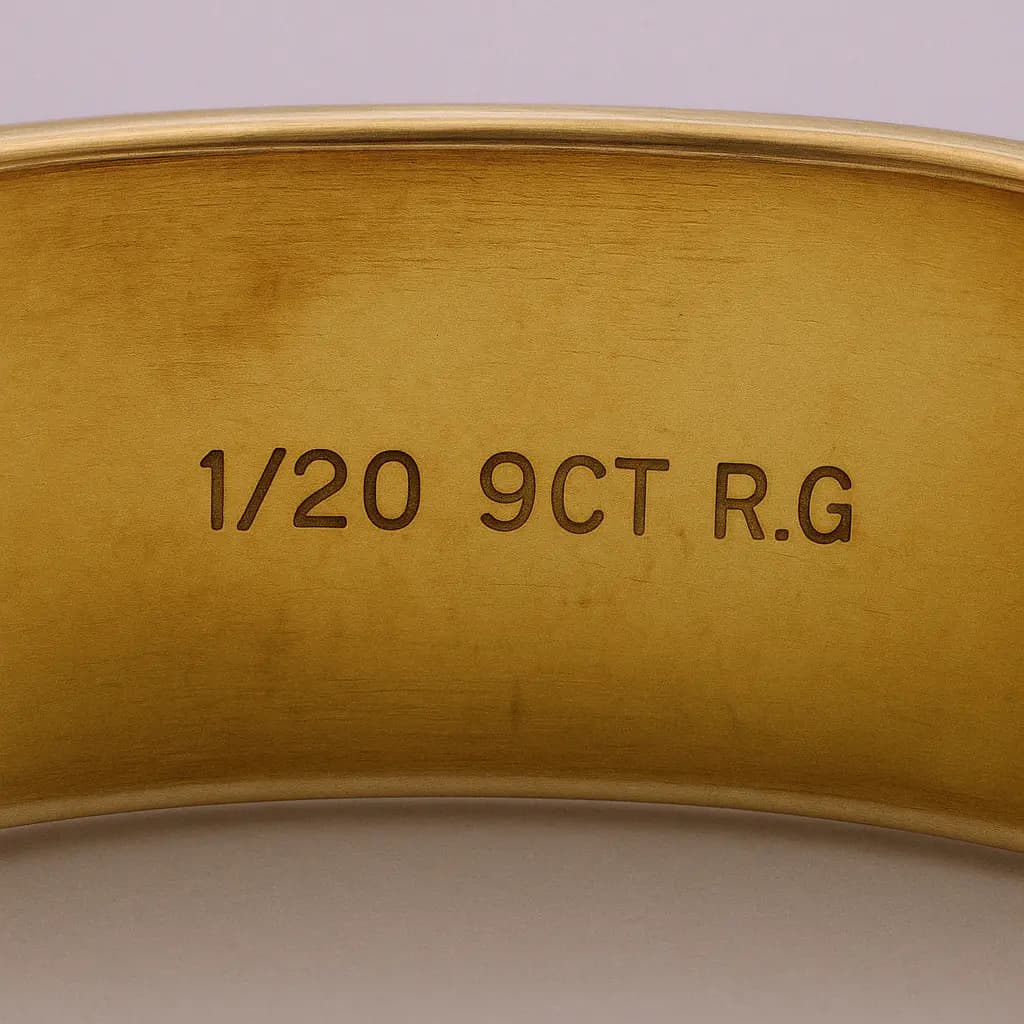 Close-up of a rolled gold hallmark stamped “1/20 9CT R.G”, indicating the item contains 1/20th 9-carat gold by weight.