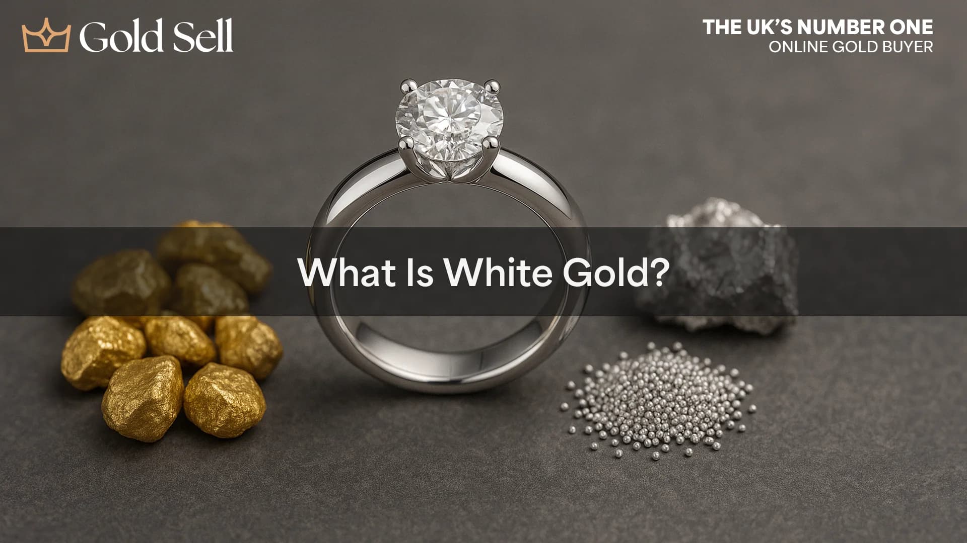 A white gold engagement ring surrounded by raw gold nuggets, silver pellets, and a dark alloy rock—visually representing the question “What is white gold?” and hinting at its composition and how white gold is made.
