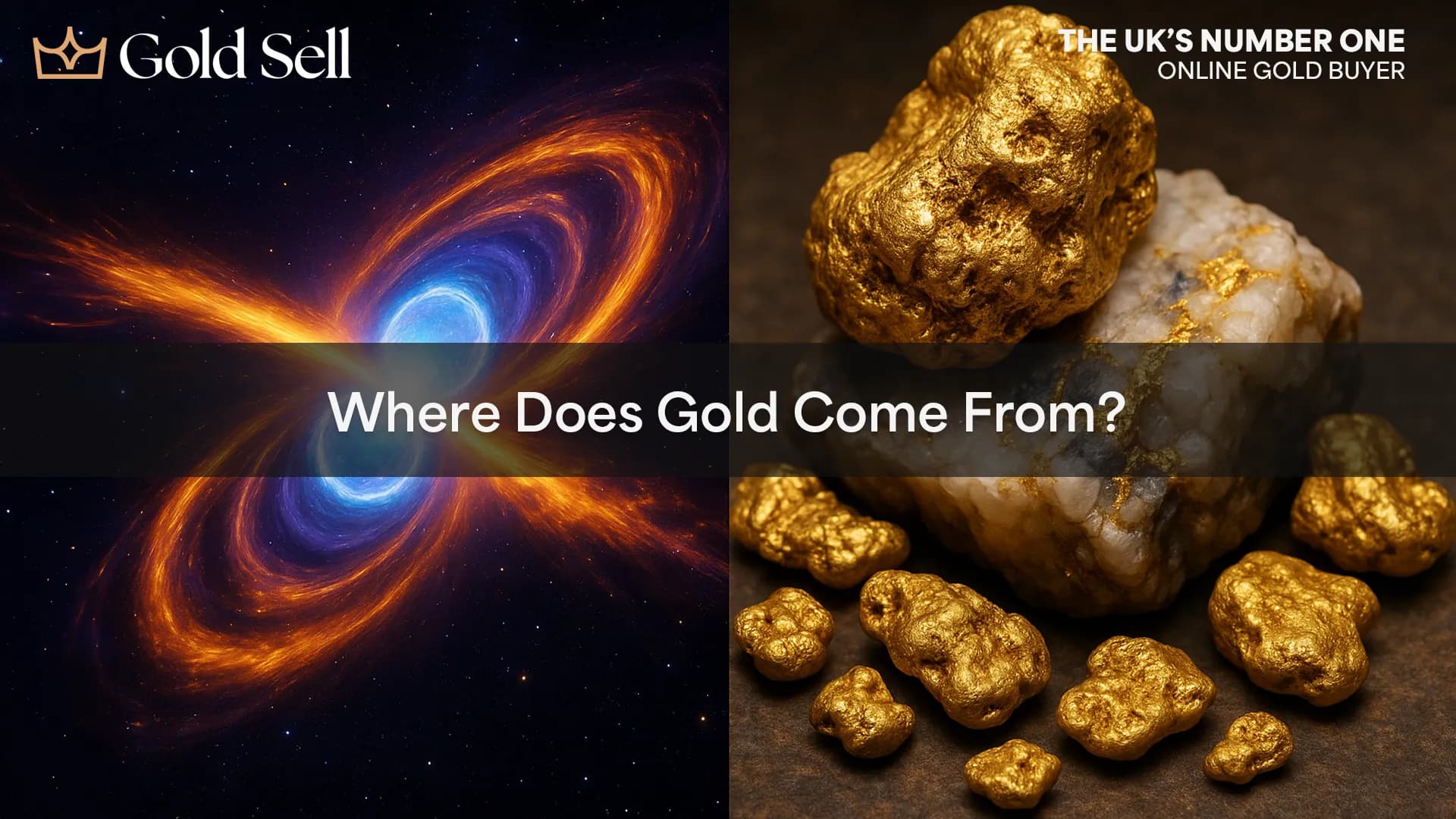 Split image showing a neutron star collision and natural gold nuggets with quartz, illustrating the concept of 'where does gold come from?'