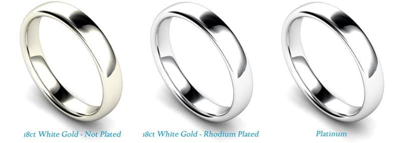 Platinum vs White Gold rings: side‑by‑side view of unplated 18ct white gold, rhodium‑plated white gold, and platinum bands.