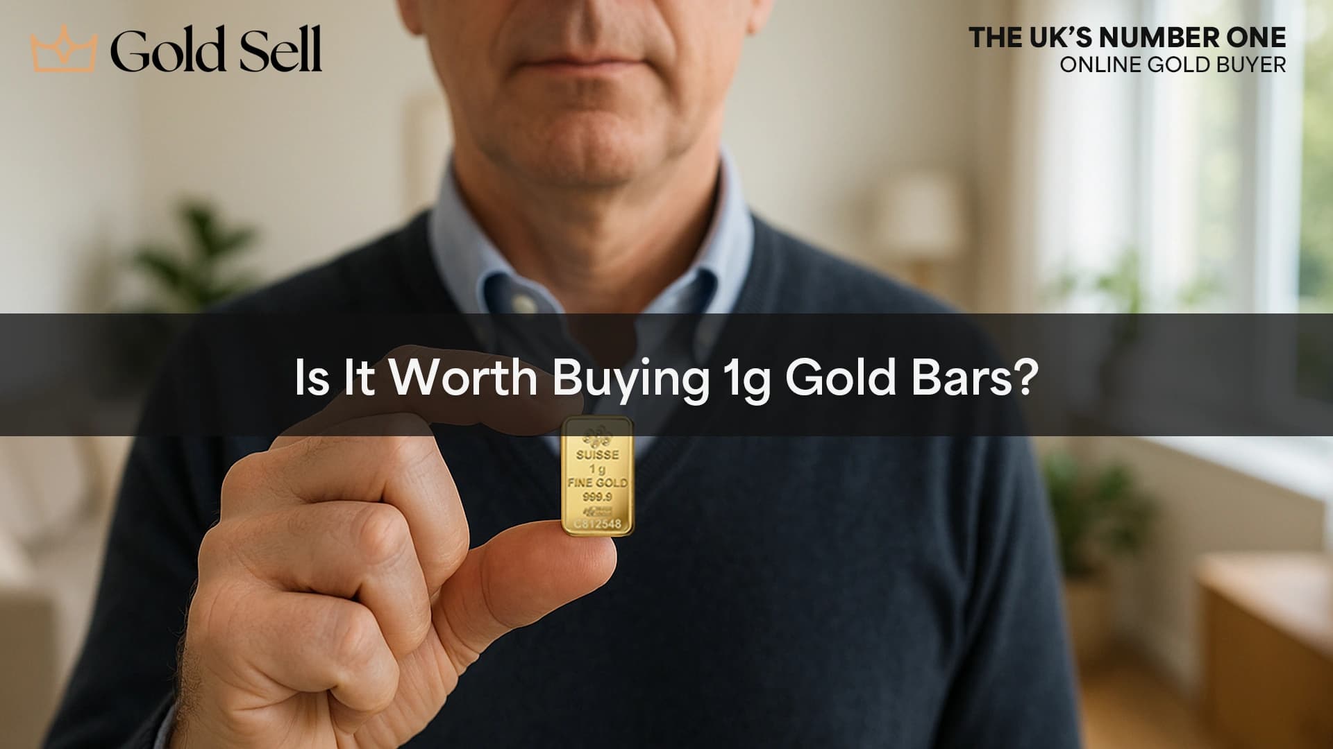 Middle-aged man holding a 1g gold bar at home, illustrating the question “Is it worth buying 1g gold bars?” for those exploring gold bars for investment.