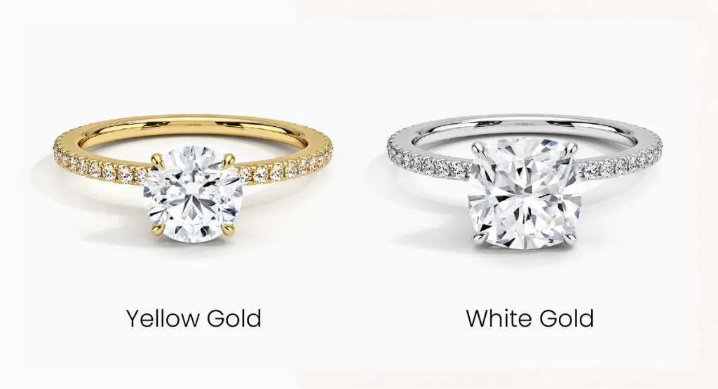 Side-by-side image of two diamond engagement rings—one in yellow gold and the other in white gold—showing the visual difference between white gold vs yellow gold.