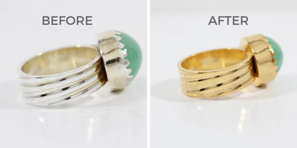 Side-by-side comparison of a ring before and after restoration, showing the transformation through gold plating—illustrating gold plating before and after.