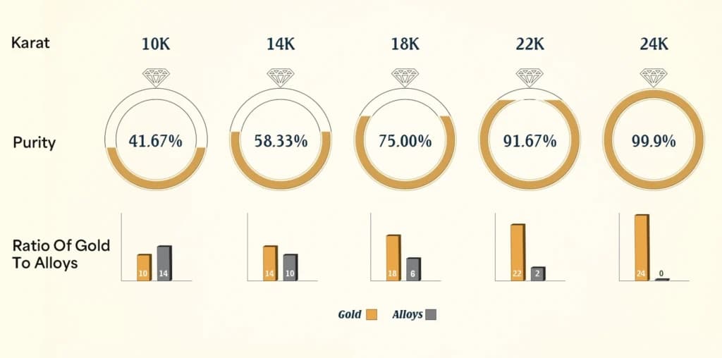 Gold purity chart comparing different types of gold including 10K, 14K, 18K, 22K, and 24K with visual ratios of gold to alloy content.