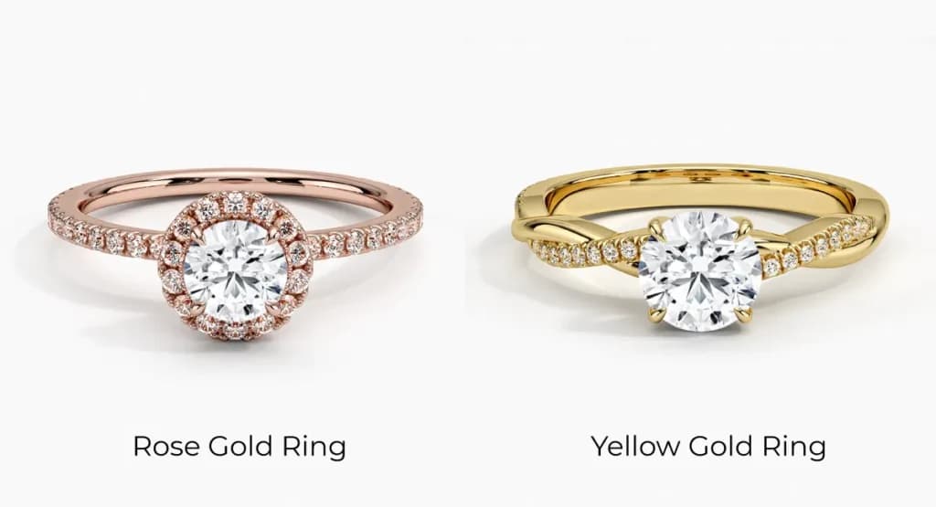 Side-by-side comparison of yellow gold vs rose gold jewellery, showing visual differences between gold and rose gold in tone and finish.