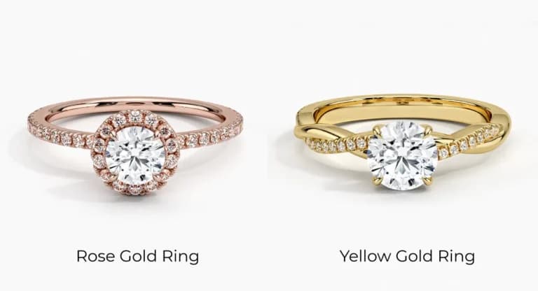 Side-by-side comparison of yellow gold vs rose gold jewellery, showing visual differences between gold and rose gold in tone and finish.