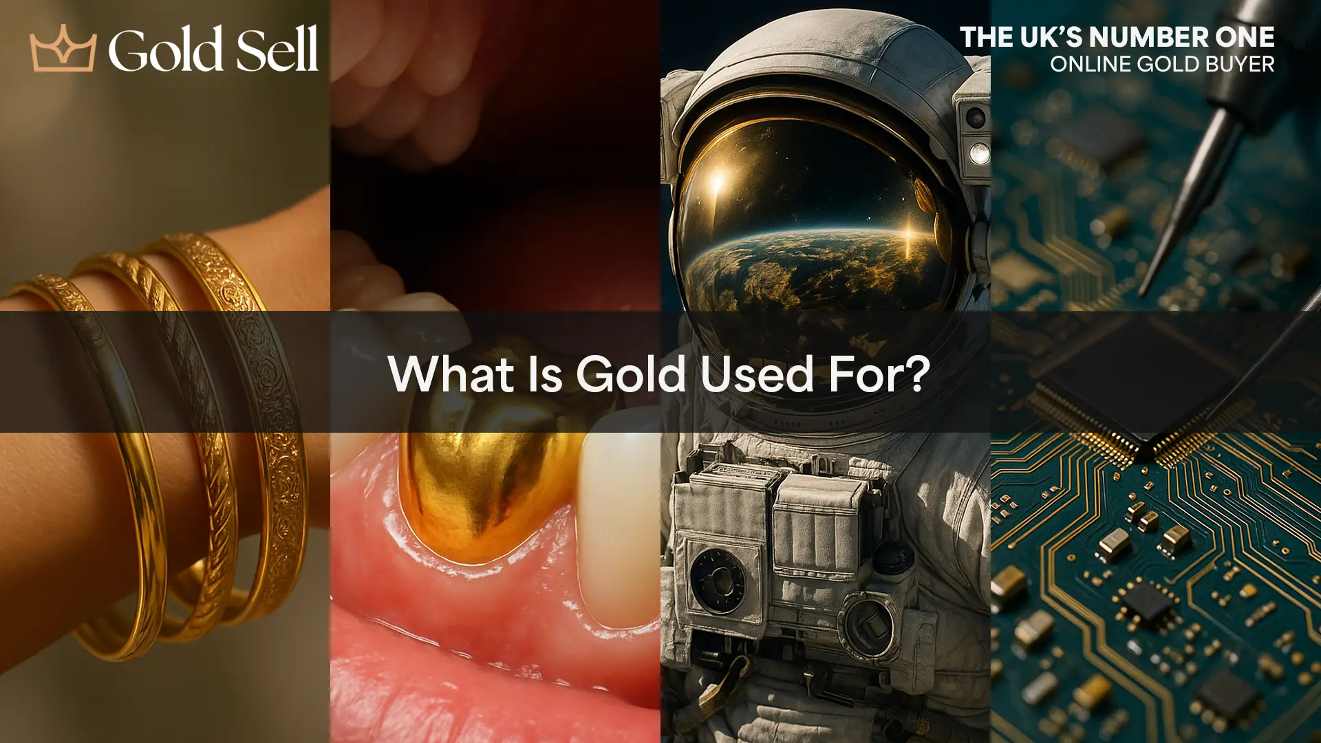 Featured image for the blog post 'What Is Gold Used For?', visually representing the main uses of gold including jewellery, dentistry, aerospace, and electronics.