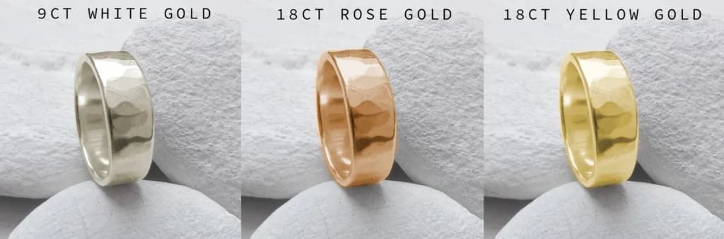Comparison of 18ct gold types showing 18ct gold colours: 9ct white gold, 18ct rose gold, and 18ct yellow gold rings side by side.