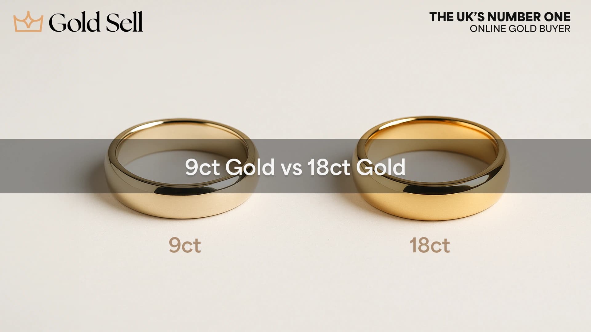Side-by-side comparison of 9ct gold vs 18ct gold rings showing visual colour difference in gold purity.
