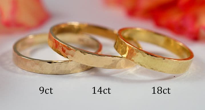 Side-by-side comparison of 9ct vs 14ct vs 18ct gold rings showing different gold colours by purity.