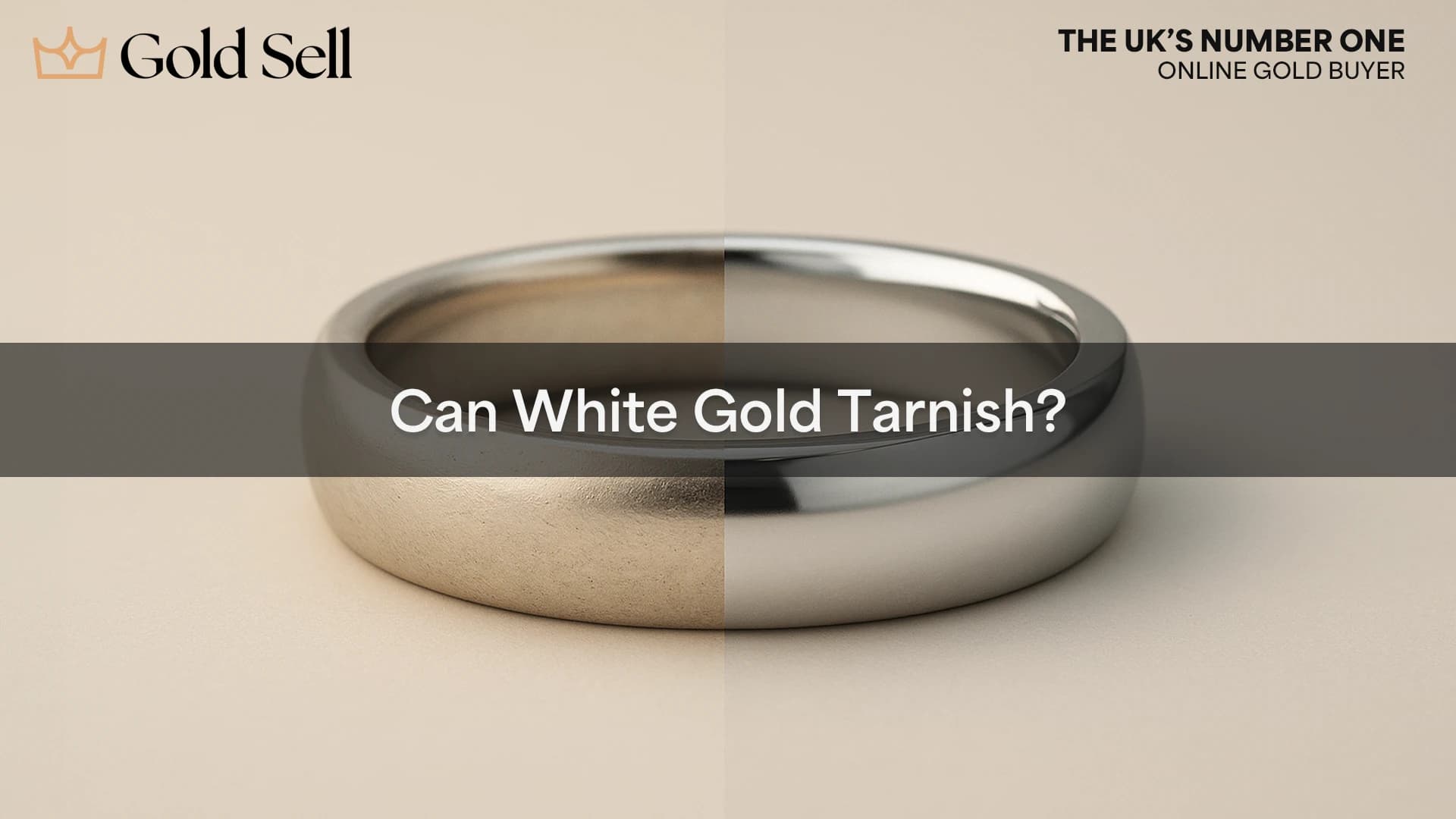 White gold ring showing tarnish on the left and rhodium-plated shine on the right, illustrating white gold turning yellow.