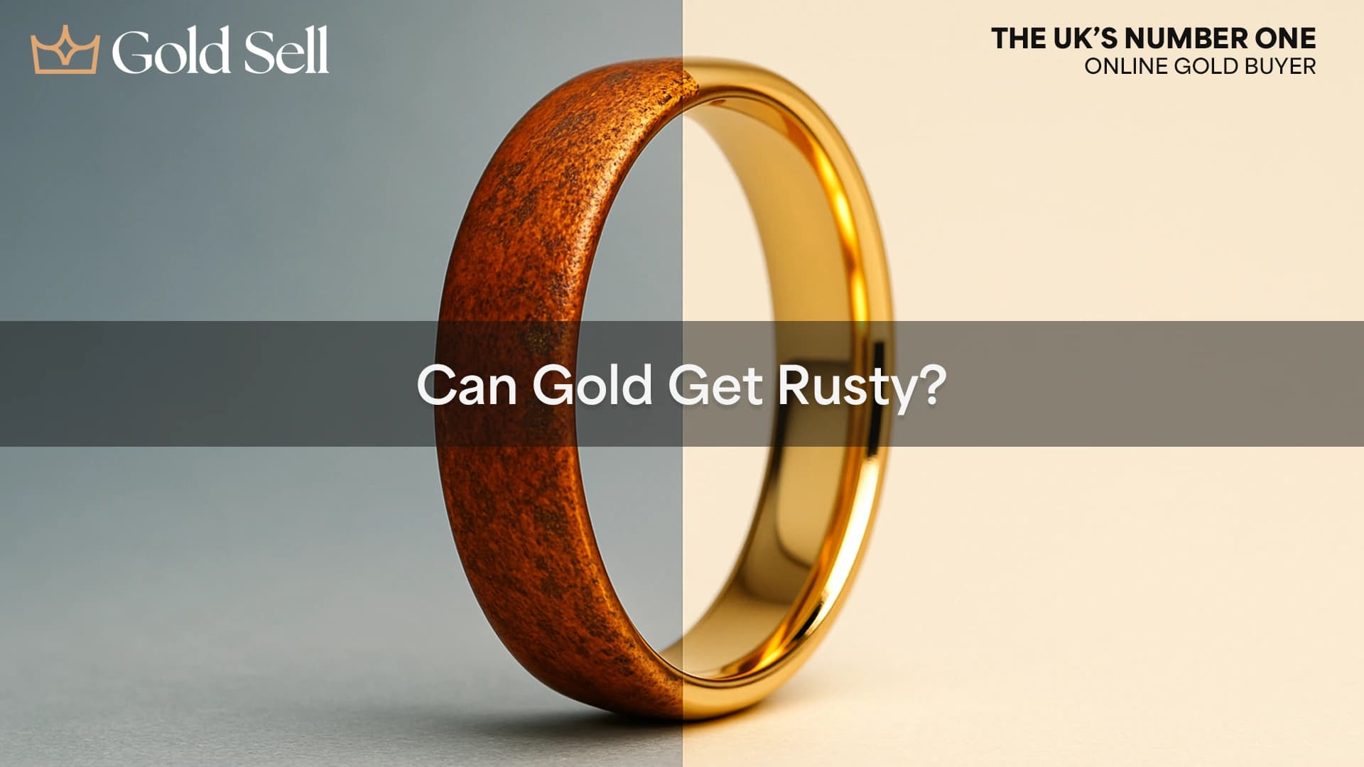 A gold wedding band split in half, with one side showing tarnish on gold resembling rust and the other side polished, illustrating the concept "can gold rust?" visually.