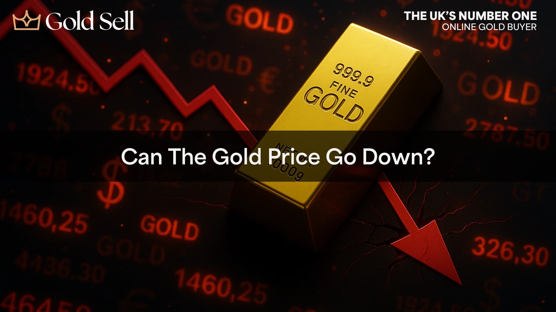 Gold bar sliding down a red falling graph with cracked surface, symbolising a drop in the gold price and market instability.