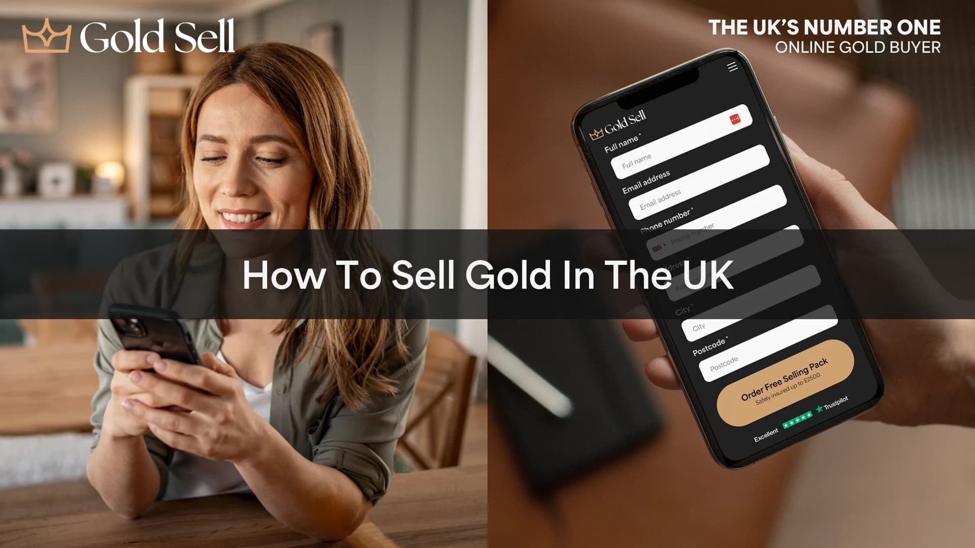 Woman using her phone to access GoldSell’s online form, with on-screen text reading “How To Sell Gold In The UK.