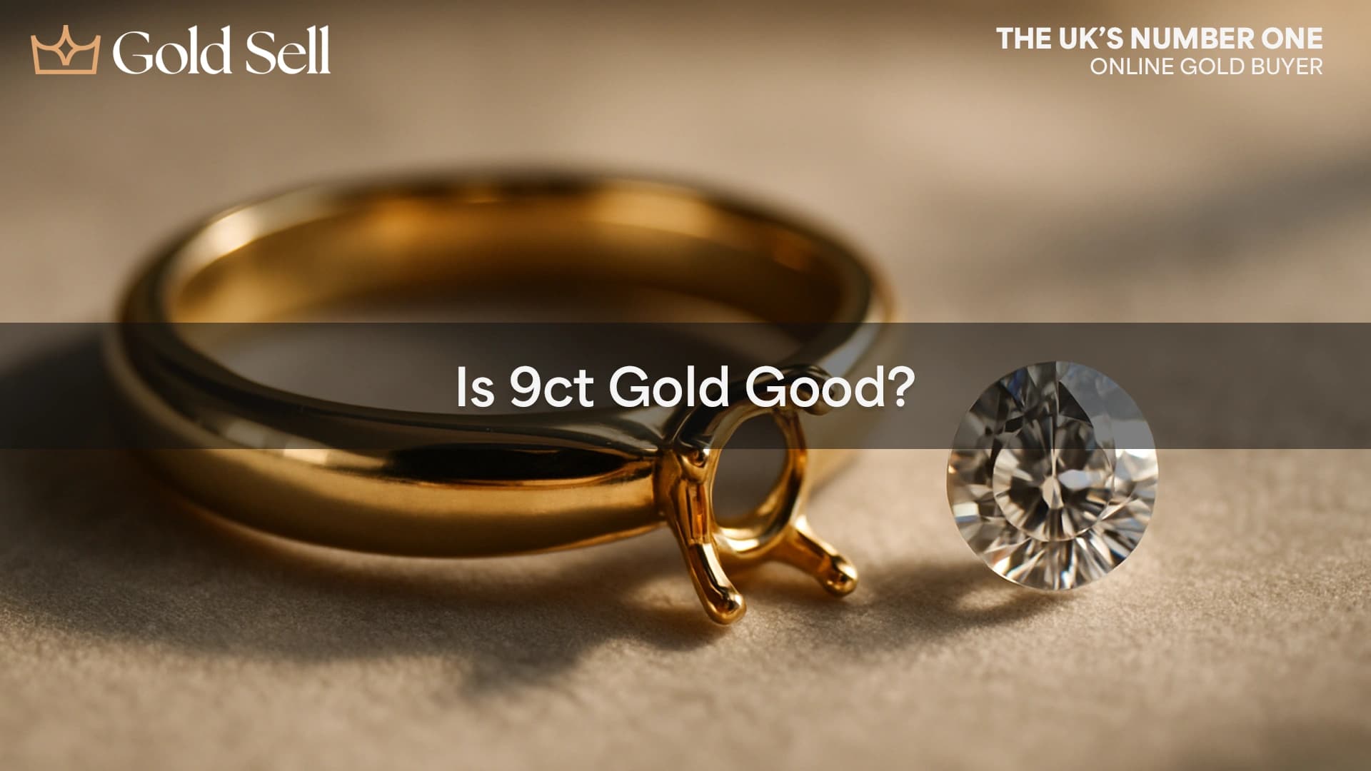 Close-up of a 9ct gold wedding ring with a loose diamond beside it on soft fabric, illustrating the quality and appeal of 9ct gold.