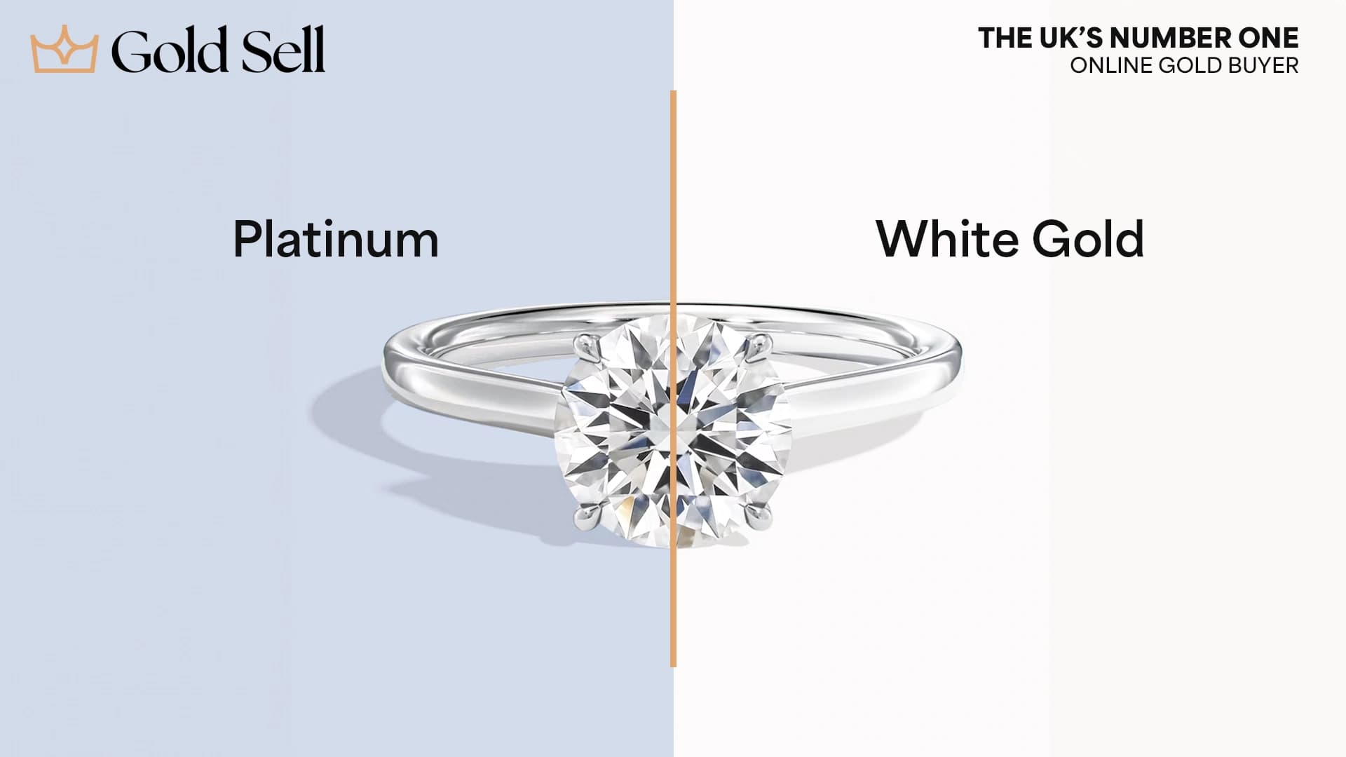 Side-by-side comparison of identical engagement rings showing the visual differences between platinum vs white gold to help identify each metal clearly.