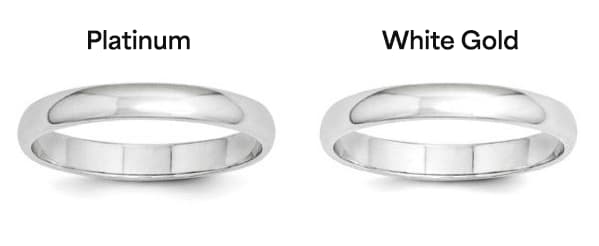 Side-by-side comparison of platinum and white gold rings showing subtle differences in platinum colour vs white gold colour and surface shine.