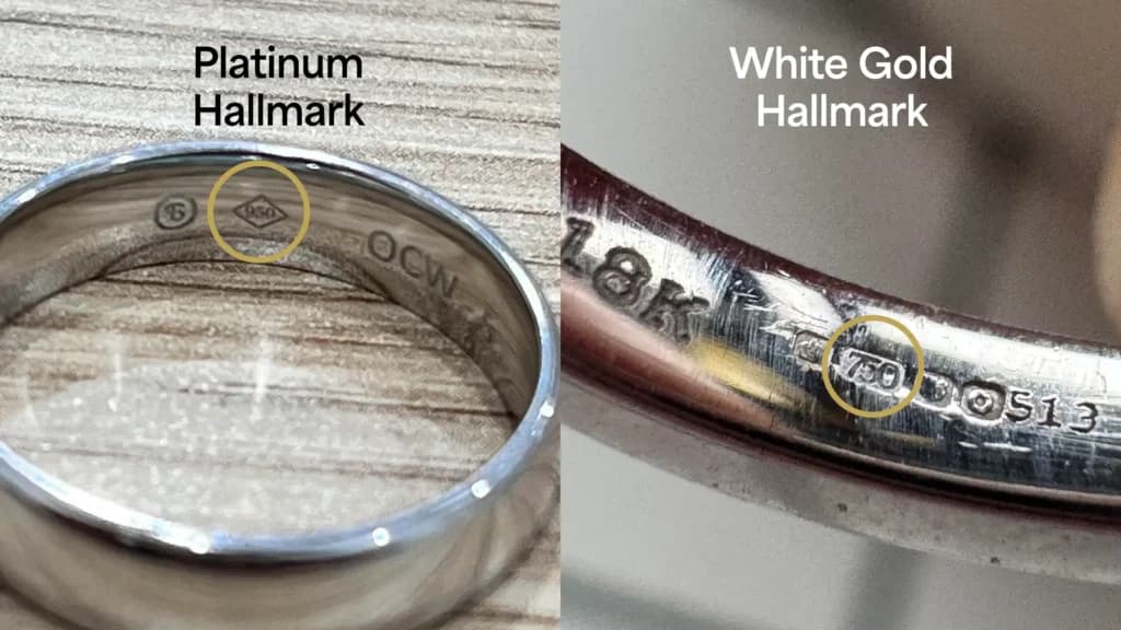 Close-up comparison showing a platinum vs white gold hallmark side by side on two rings, highlighting the "950" mark for platinum and "750" for 18ct white gold.