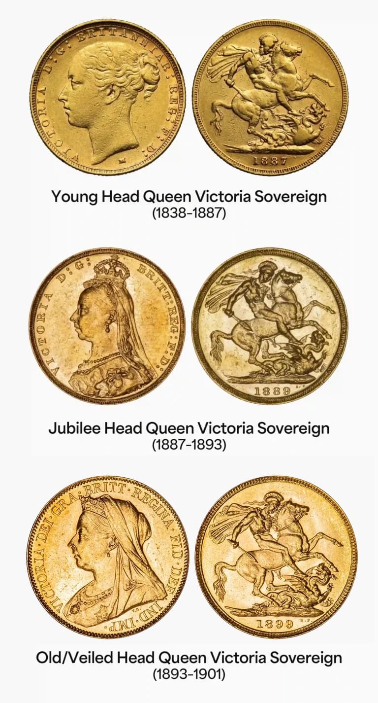 Image showing the three main types of Queen Victoria gold Sovereign coins with obverse and reverse designs: Young Head, Jubilee Head, and Old/Veiled Head (1838–1901).