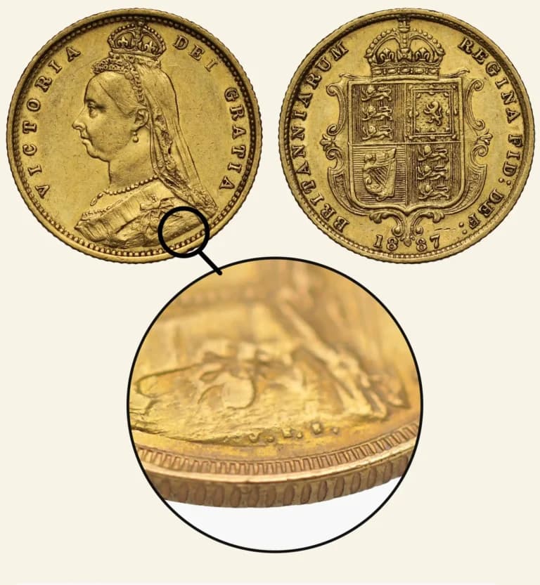 Close-up of a Queen Victoria Sovereign 1887 Hooked J, highlighting the rare die variety that increases the coin’s numismatic value.